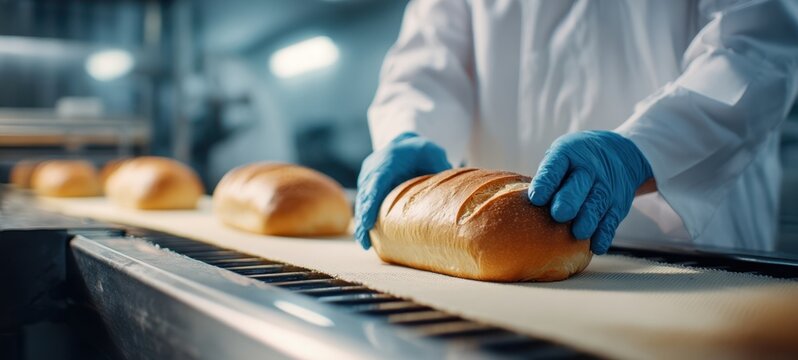 The Bread Loaf on a Conveyor Belt in a Commercial Bakery Production Line