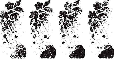abstract black floral splatter design with grunge textured rock element, artistic nature illustration set