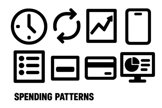 Brutalist Finance Icons. Spending Patterns silhouette set: clock icon, arrows loop, line chart, mobile phone, transaction record, progress bar, bank card, analysis screen