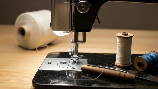 A close-up of a sewing machine with threads and a tool on a wooden table