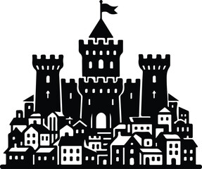 Obraz premium Fantasy Medieval Castle Silhouette With Flagged Tower, Black silhouette illustration of a large medieval fantasy castle with towers, central flag, and small village houses forming a fairytale kingd