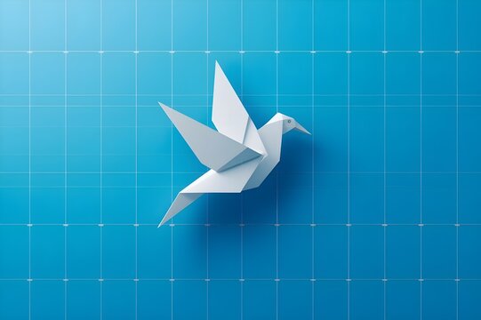 White Origami Bird Flying on Blue Grid Background Creative Concept