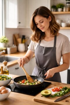 Young woman in apron preparing a healthy meal, stirring fresh vegetables in a cooking pan on an induction hob, surrounded by various ingredients in a modern kitchen