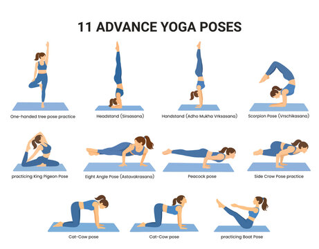 Set of 11 Advanced Yoga Poses, Female Character Performing Complex Asanas like Headstand, Scorpion, and Peacock Pose, Professional Fitness and Flexibility Vector Illustration.