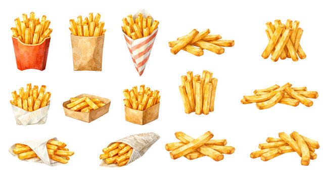 A watercolor collection of potato french fries for fast food menus, restaurant branding, snack packaging, and street food illustrations.