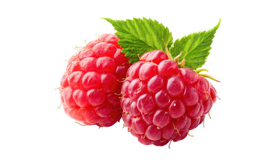 Two ripe red raspberries with green leaves on transparent background