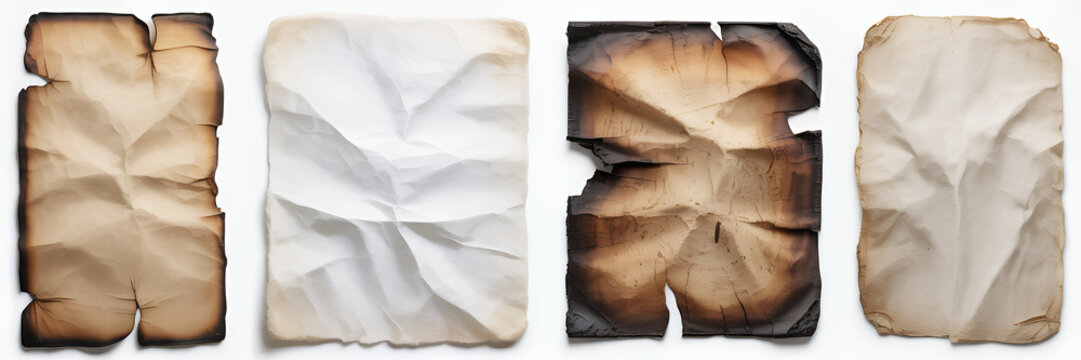 Set of burned and wrinkled paper sheets burnt paper charred edges