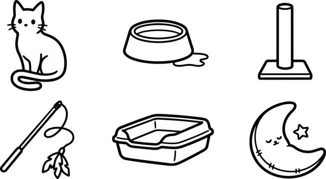 Black line art cat with curled tail sitting next to spilled water bowl and scratching post with cat toy feather and cat litter box moon star elements