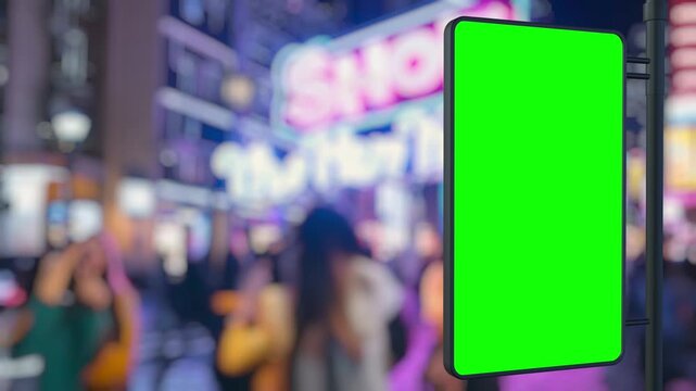 Montage of a blank green screen billboard hanging in a busy city center at night, providing a variety of angles for showcasing advertisement