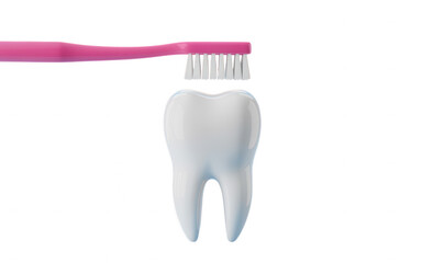 A pink toothbrush is cleaning a white molar tooth in a close-up view