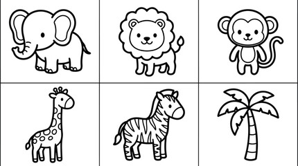Fototapeta premium Cute black and white cartoon style elephant lion monkey giraffe zebra and palm tree simple line art vector icons