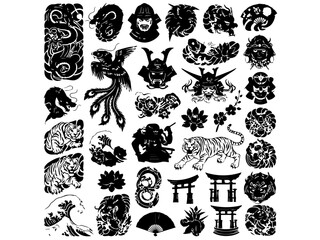 Fototapeta premium Collection of traditional Japanese-style black and white illustrations featuring dragons, phoenixes, samurai, tigers, flowers, and torii gates, suitable for graphic design or tattoo art.