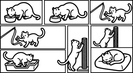 Fototapeta premium Line art vector set of playful cat drinking eating playing with toy scratching post climbing and sleeping on pillow in simple style