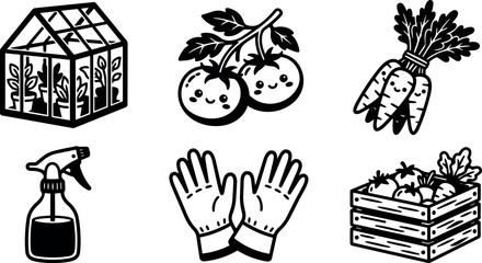 Fototapeta premium Cute smiling tomatoes carrots gardening gloves spray bottle greenhouse and wooden crate flat design icons collection