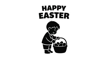 Naklejka premium Vector graphic illustration of a happy young boy collecting chocolate eggs during an Easter hunt celebration