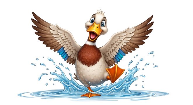 cartoon realistic duck happily splashing water with its wings while walking through a small puddle, lively farmyard movement, isolated on pure white background
