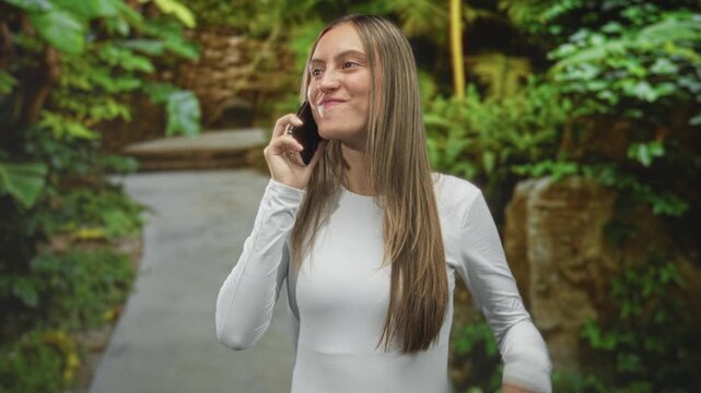 Young woman smiling and talking on smartphone with hand on head on a garden path surrounded by lush plants; joyful ease.