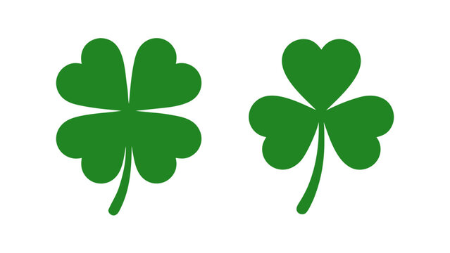St Patricks Day clover collection with three and four leaf shamrock icons isolated on transparent background. Symbols for luck, nature, and cultural holiday designs. Clover leaf vector illustration. 