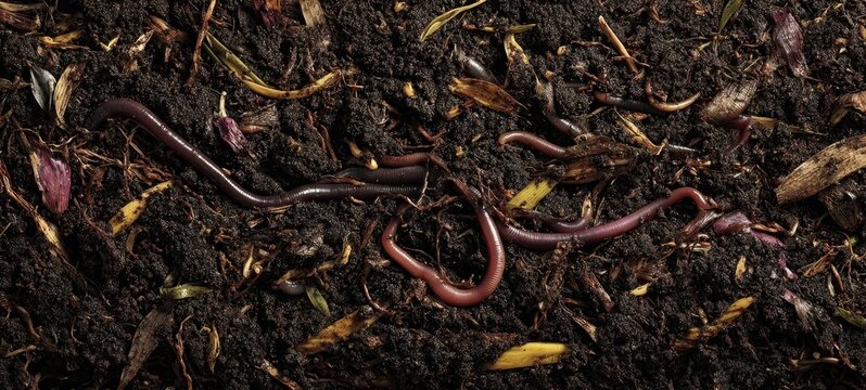 The earthworms wriggling through rich compost soil with decaying leaves