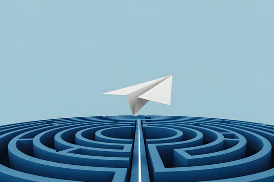 Paper airplane flying straight through circular maze to exit &mdash; focused strategy, clear pathfinding and simplification of complex problems concept