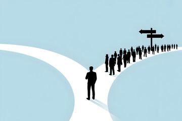 Obraz premium Silhouette of a leader choosing a forked path with group following — leadership decision, career direction and strategic choice concept