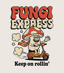 Fototapeta premium Retro Fungi Express Mushroom Character on Scooter Vintage Style Illustration