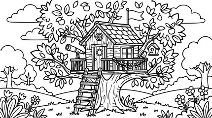Obraz premium Black and white line art treehouse with ladder telescope birdhouse surrounded by flowering plants hills and clouds vector illustration