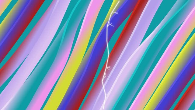 Colorful, angled, striped background with a white lightning bolt
