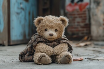 Teddy bear waiting forlornly on the street corner in a run-down urban area, showcasing the stark contrast between innocence and poverty