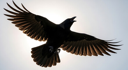 Fototapeta premium A silhouetted raven with wings spread captured against a bright sun on transparent background
