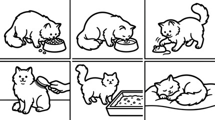 Black line art vector set showing fluffy cat eating food drinking water playing with toy mouse being brushed using litter box and sleeping peacefully indoors