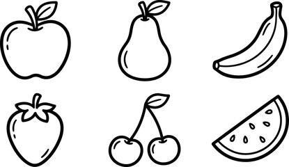 Naklejka premium Minimalist black line fruit icons apple pear banana strawberry cherry and watermelon slice set vector art collection