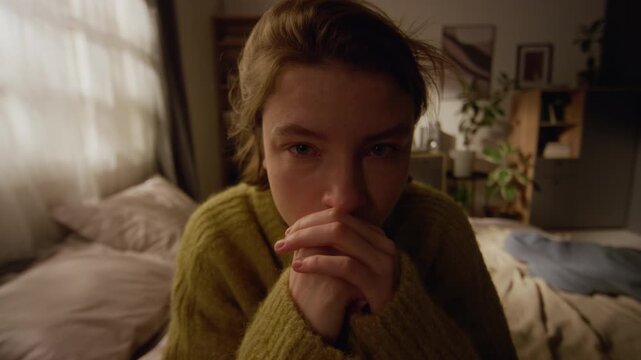 Push forward shot of young adult woman closing eyes while having panic attack sitting in bedroom then looking straight at camera