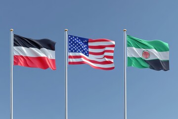 Obraz premium Flags of the United States, United Arab Emirates, and Germany waving in the clear sky during a cultural event to celebrate international relations and friendship between nations
