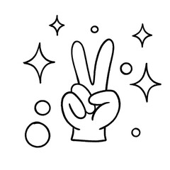 Fototapeta premium Hand-drawn peace sign hand gesture with sparkles in black and white line art, cute positive symbol illustration