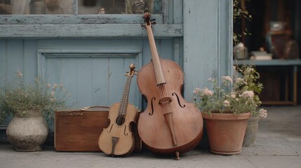 Two musical instruments, a violin and a cello, placed on the ground in front of a blue wooden door. the violin is on the left side of the image, with its bow resting on top of it.