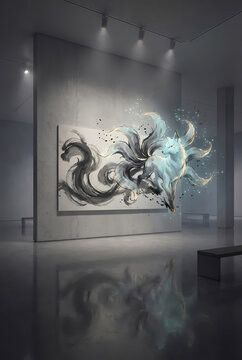 Kitsune Yokai Spirit Emerging From Painting in Modern Art Gallery, Japanese Fox Spirit Myth Illustration
