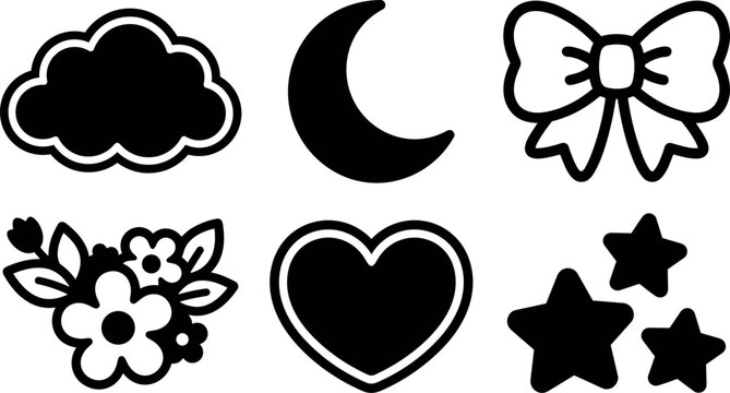 Simple black and white vector icons including cloud moon bow flower heart and stars outlined in bold lines