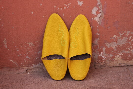 Yellow traditional Moroccan slippers known as babouche