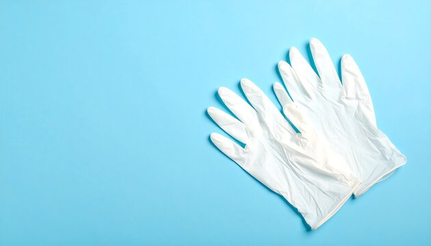 A clean pair of white disposable protective gloves flat lay on a vibrant blue background, highlighting the importance of hygiene, safety, and health in medical and cleaning contexts