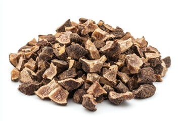 Obraz premium Chopped parts of truffles isolated on a white background showcasing the unique texture and appearance of Tuber ca during a culinary preparation session