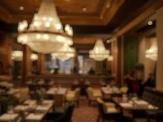 Fototapeta premium Defocused interior of an elegant luxury restaurant with warm lighting, empty tables, and glowing crystal chandeliers. Vintage dining backdrop.