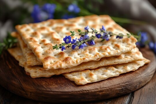 Matza flatbread arranged elegantly with fresh flowers during Passover celebration