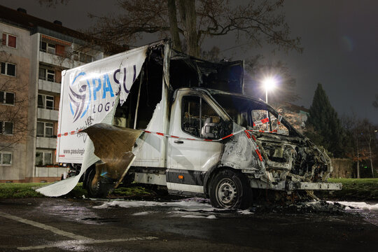 DRESDEN, GERMANY - 12. March 2026: PaSu Logistic van burned out at night. Delivery vehicle destroyed entirely. Act of arson or vandalism on the parking lot Reitbahnstrasse.