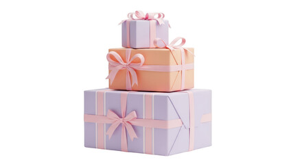 Obraz premium Stack of pastel colored gift boxes with pink ribbons isolated on transparent background