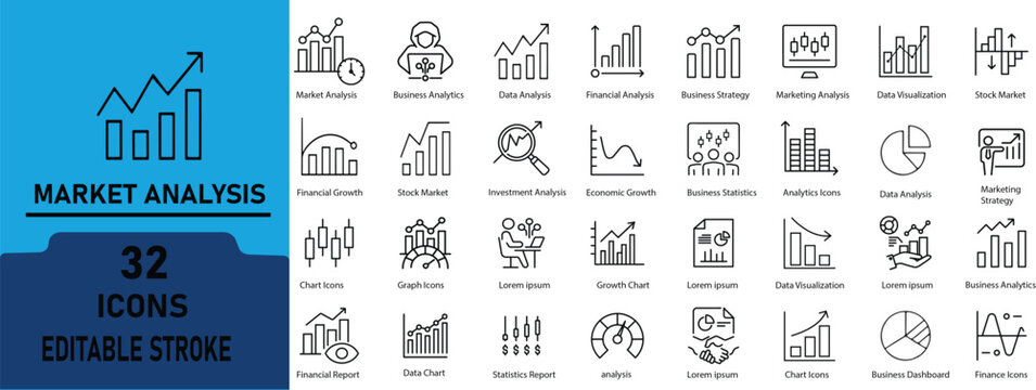 Market Analysis Line Icon Set. Contain to related icons business analytics, data analysis, financial growth, marketing strategy, charts and stock market. Editable stroke. Vector illustration