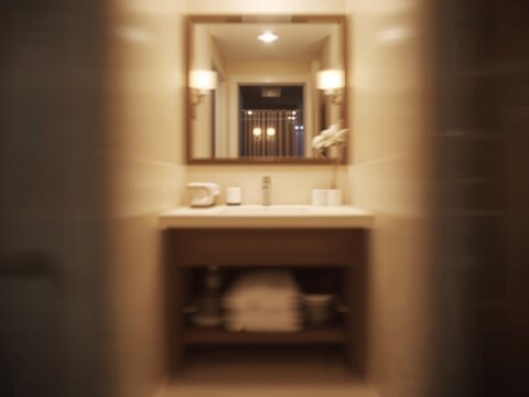 Blurred background of a modern bathroom with a sink, mirror, and warm lighting. Ideal for use as a defocused backdrop.