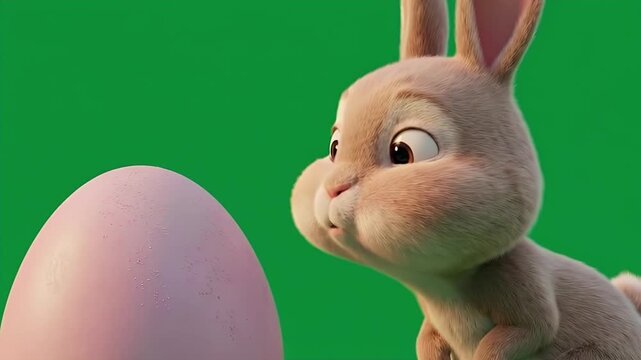 Cute 3D Bunny Blowing Dust Off Large Pink Speckled Easter Egg on Chroma Key Green Screen 4K Seamless Loop