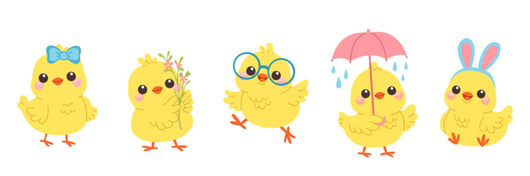 Baby Chicks Easter Spring Set Yellow Chicken Characters With Bow Flowers Glasses Umbrella Bunny Ears Vector Illustration Playful Animal Collection Isolated On White Background