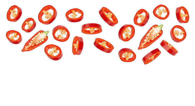 Sliced red chili peppers arranged in a line on a transparent background